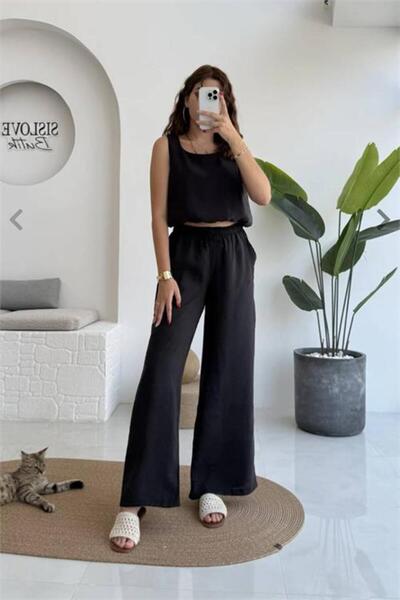Neşeli Butik Pantaloni negri cu bretele groase pentru femei, cu șireturi, set...