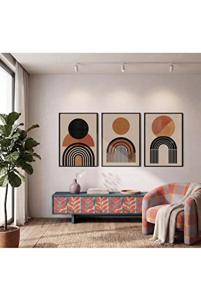 KOLAJTASARIM Set de picturi cu rame negre în tonuri de pământ, cu design geom...