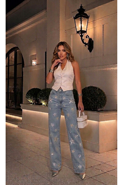 New Secret Yüksek Bel Parlak Taşlı Yıldız Detaylı Mavi Kadın Palazzo Pantolon...