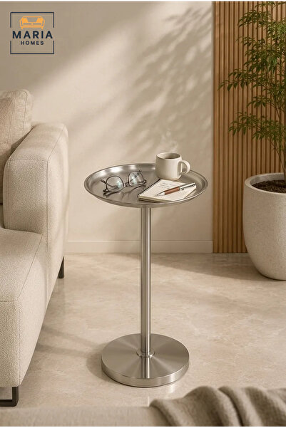 MARIA HOMES Modern Brushed Metal Side Table with Round Tray Top and Pedestal ...