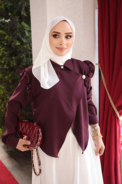 İmajButik Mürdüm Omuz Fırfırlı Gömlek