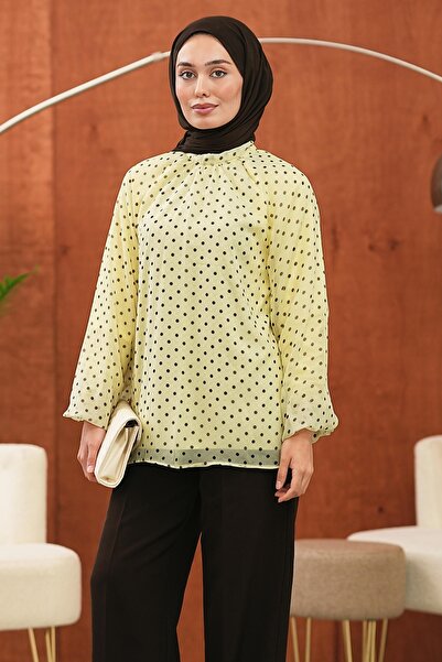 İmajButik Žuta šifonska bluza sa balon rukavima i polka tačkama