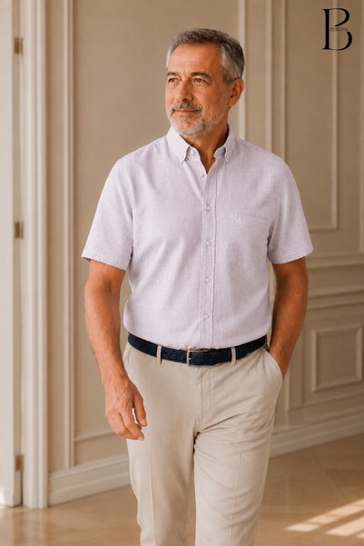 BURSPA Relaxed Fit Classic Men's Dad Short Sleeve 100% Cotton Linen Shirt