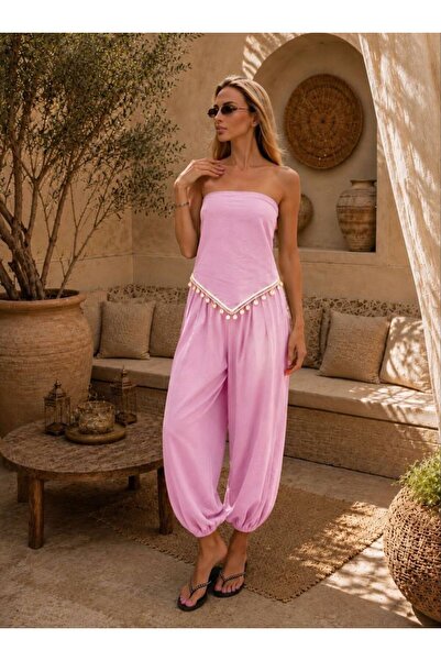 Gül Maison Set crop top fără bretele și pantaloni shalwar pentru femei, cu ac...