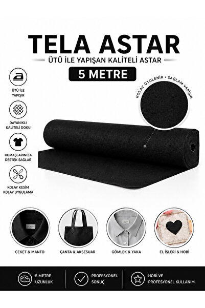 Dünya Sünger Tela Astar Siyah 1. Kalite 5 Metre Ütü ile Yapışan Kumaş Destekl...
