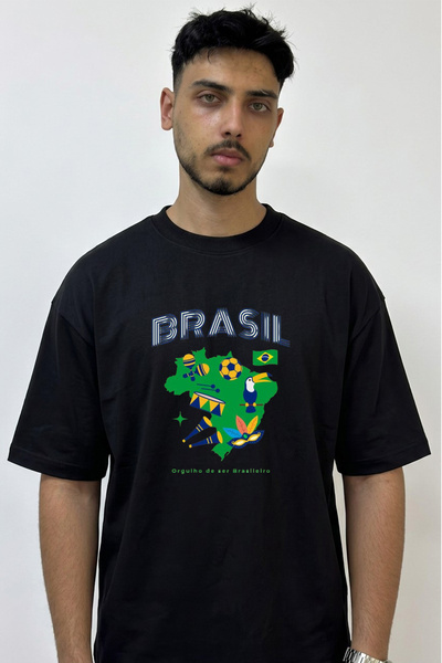 Anetos Brasil Culture Design Printed Oversize Black T-Shirt
