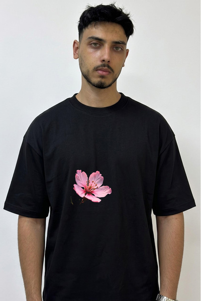 Anetos Pink Flower Design Printed Oversize Black T-Shirt