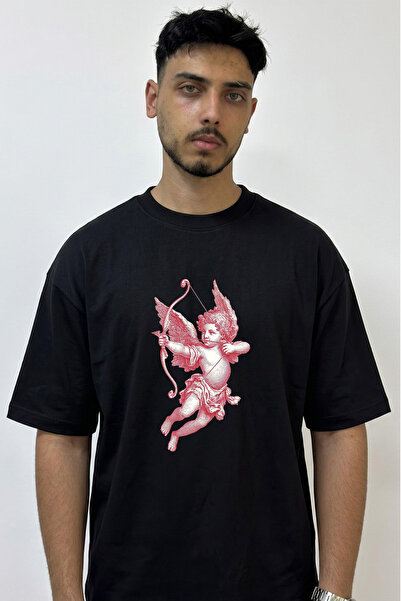 Anetos Cupid Archer Design Printed Oversize Black T-Shirt
