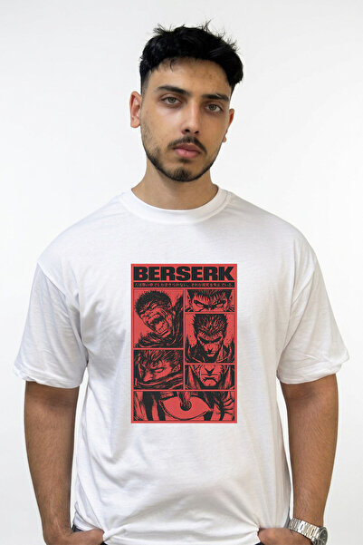 Anetos تي شيرت أبيض كبير الحجم مطبوع بتصميم Berserk Guts_5