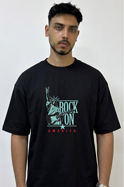 Anetos Liberty Rock Guitar Design Printed Oversize Black T-Shirt