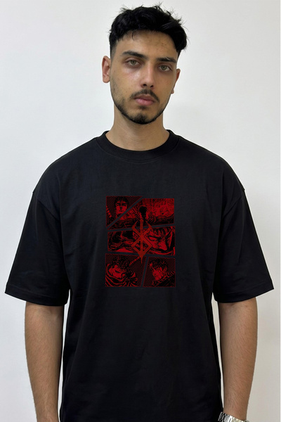 Anetos Berserk Guts_1 Design Printed Oversize Black T-Shirt