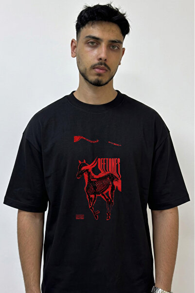 Anetos Tricou negru supradimensionat cu imprimeu Deftones Horse Design