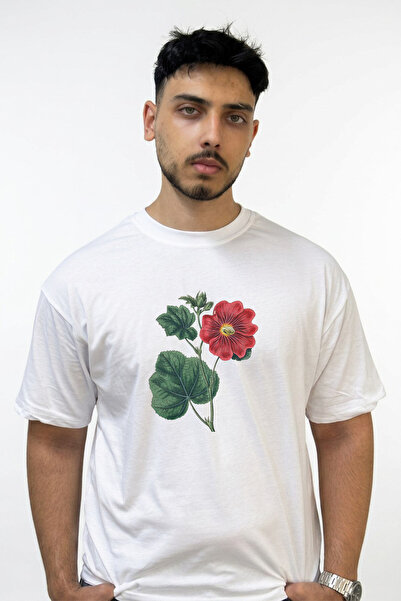 Anetos Hollyhock Design Printed Oversize White T-Shirt