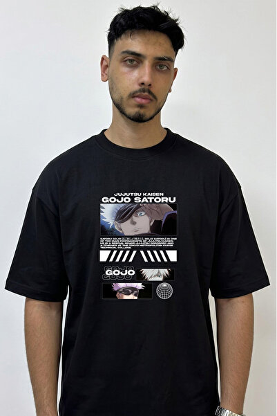 Anetos Gojo Satoru_2 Design Printed Oversize Black T-Shirt