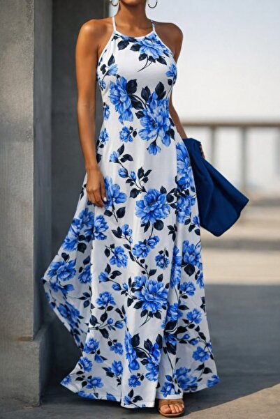 Generic Brand Women's Patterned Long Single Jersey Dress with Open Shoulder S...