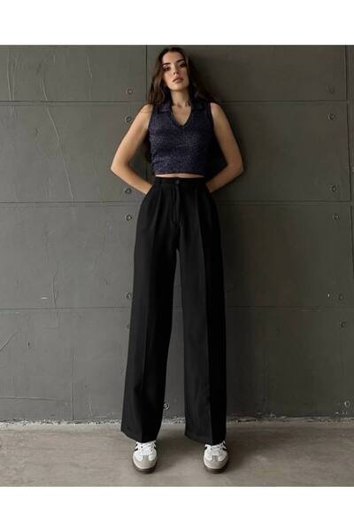 glanour Women's Pleated Wide Leg Woven Trousers