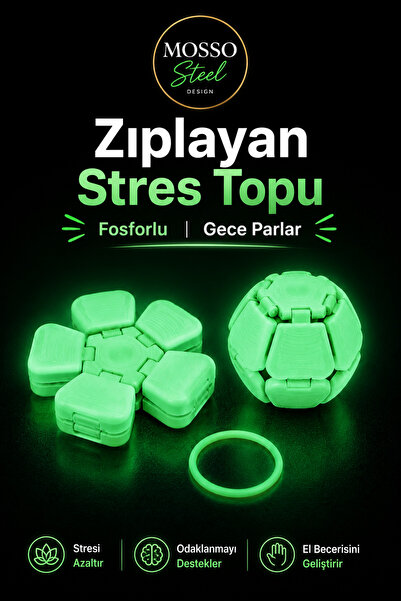 Mosso Steel Fosforlu Gece Parlayan Zıplayan Stres Topu Clicker Stres Topu – L...