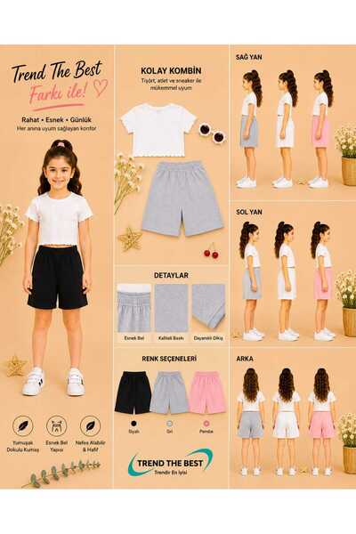 TREND THE BEST Trendin En İyisi Summer Plain Unprinted Girls' Black, Gray, Pink Colors 3-Piece Shorts