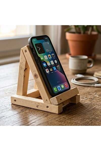 Ev dekka Doğal Ahşap Telefon Standı - Masaüstü Telefon Tutucu 15x8 cm