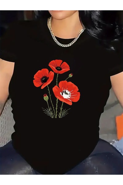 NOURAM Lightweight Short-Sleeve Tee Featuring a Red Poppy Floral Pattern, Ide...
