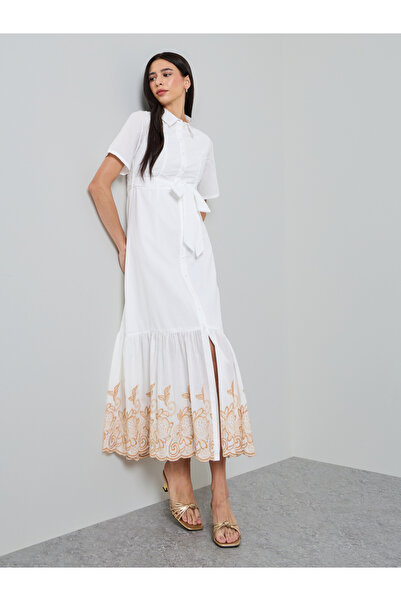 Styli Off White Embroidered Hem Shirt Maxi Dress