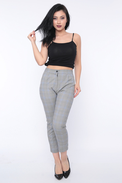 FIRST STYLE Turkish Women's Trousers with Checkered Pattern in Lead Color
