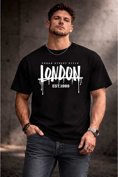 ship master Men's Cotton London Urban Street Style Printed Oversize Crew Neck T-Shirt
