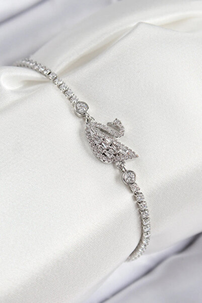 Generic Brand Brass Zircon Stone Swan Model Silver Color Women's Bracelet