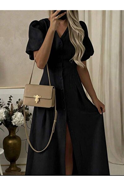 sajarsln Linen Fabric Balloon Sleeve Button Detailed Maxi Dress