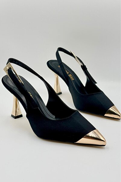 DefHeel'e Metal Accessory Detailed Gold Heeled Shoes Stiletto Black Satin