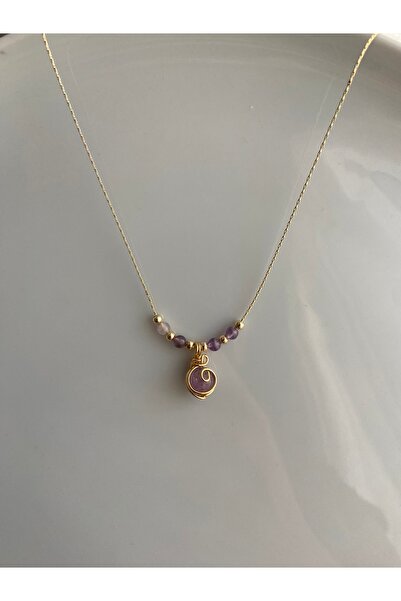 Anetta Jewelry Kadın altın renk mor ametist doğal taş altın kaplama kolye