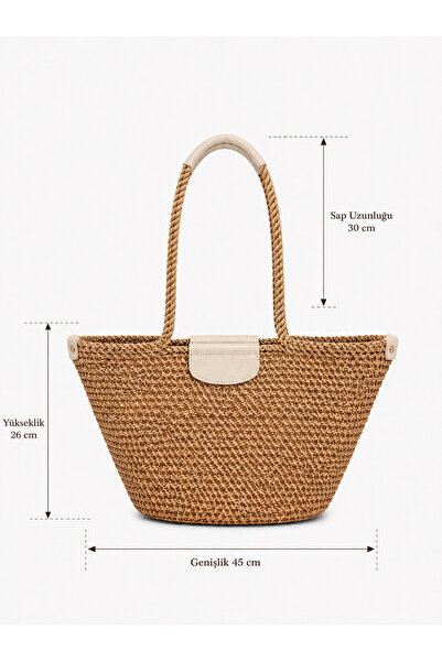MaVaux Palma Large Size Straw Shoulder Bag with Genuine Leather Detail, Handmade Beach and Daily Stylish Design Women's Shoulder Bag