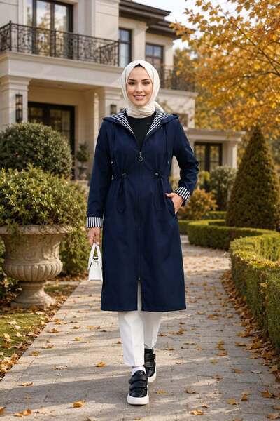 Hb Harma Time Butik Women's Hooded Zippered Medium Length Bondit Fabric Navy ...