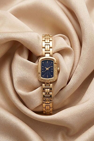 The Watch Heiro Women's Gold Steel Cord Watch – Square Case with Navy Blue Di...