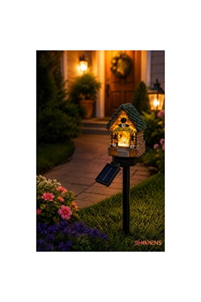 SHOPIENS Lanterna solară decorativă tip băț cu casă ceramică, LED alb cald, p...