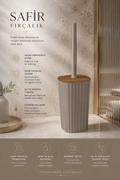 Store Hgy Home Safir Ahşap Detaylı Kendinden Yapışkanlı Wc Fırçalık - Vizon