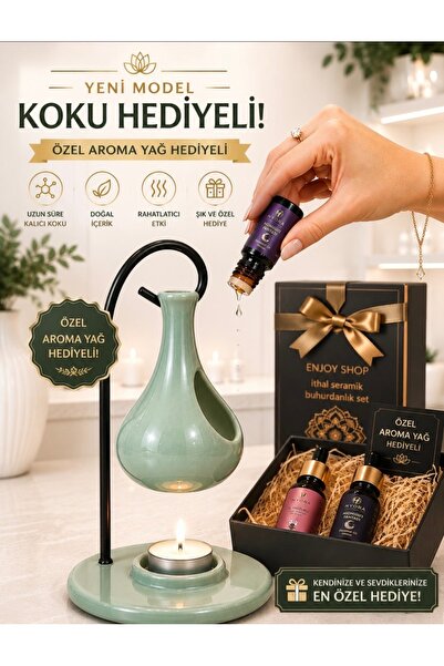 ENJOY SHOP Su yeşili seramik buhurdanlık özel seri aroma yağ hediyeli çok şık...