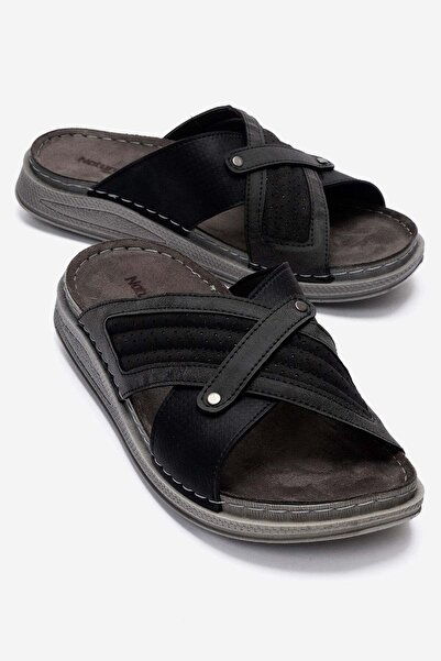 CCWAY AYAKKABI Men's Slippers with Cross Pads Black