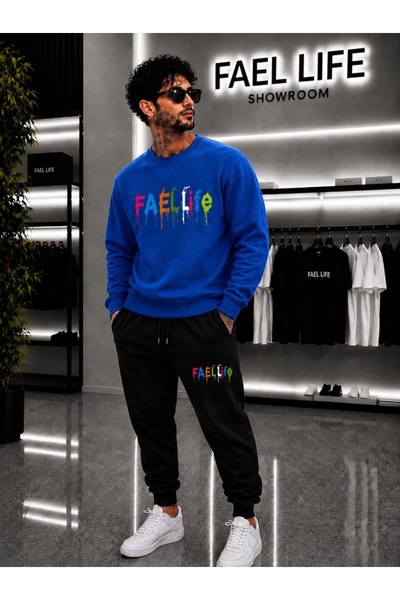 FAEL LİFE Unisex Wide Cut Zero Neck and Sweatpants Colorful Printed Set