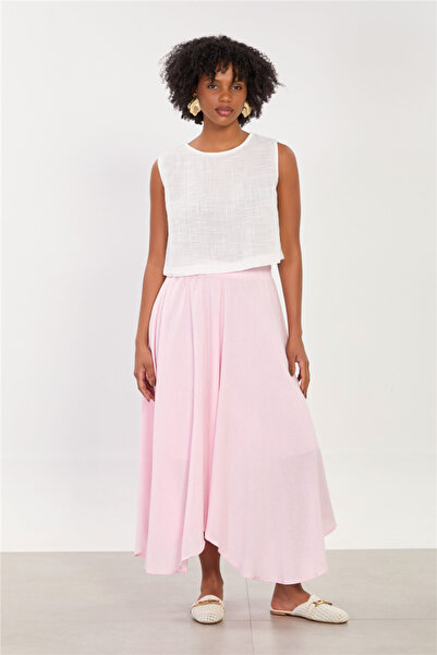 BARRELS AND OIL Women's Asymmetrical Long Skirt with Elastic Waist - Pink
