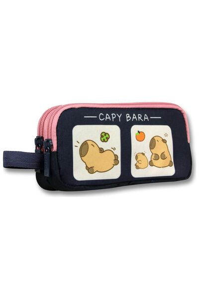 capybara Two-Compartment Printed Navy Blue - Pink Girls' Pencil Bag - 6214