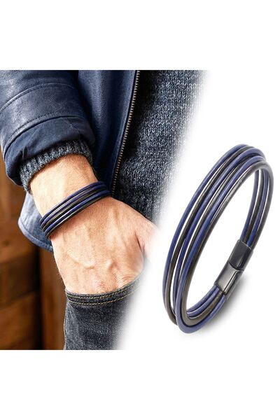 OGHAMAY Navy Blue Black Multi-Leather and Titanium Locking Steel Bracelet 183...