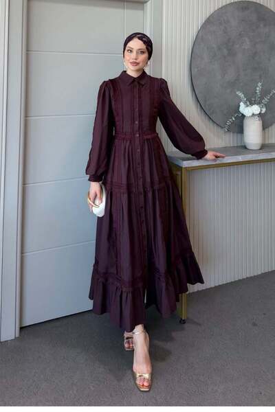 Şule Giyim Belinda Guipure Detailed Dress Burgundy
