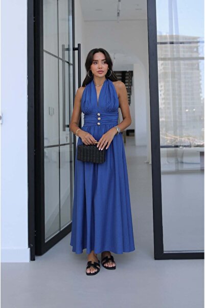 Havoş Blue Longard Halter Neck Long Dress