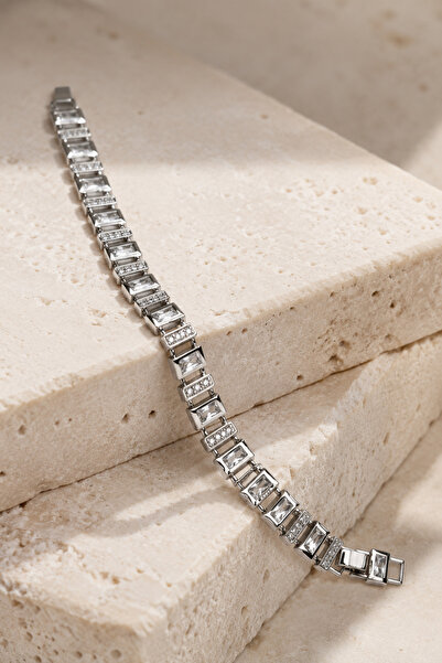 Balenbi Jewelry Kadın Baget Taşlı Geometrik Kararmaz Çelik Bileklik Gümüş Ren...