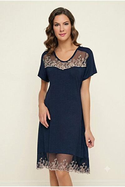 Cotpark Women's Midi Short Sleeve Nightgown with Elegant Sheer Lace - Navy