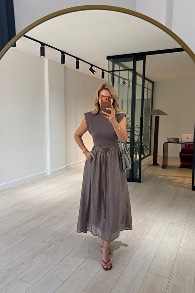 Sezgi Tekin Garnili Belt Detail Padded Mink Dress