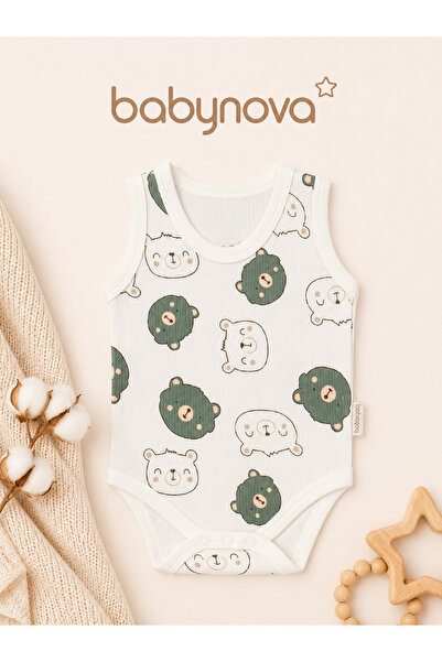 babyist Babynova Cute Teddy Bear Patterned Sleeveless Baby Bodysuit – Ecru
