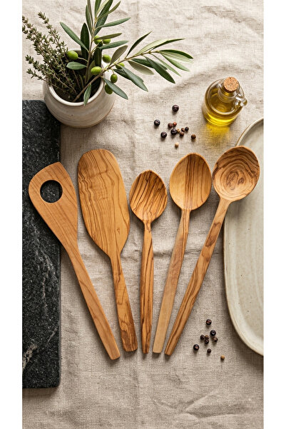 Home Wooden Spoon Set Olive Genuine Natural 5-Piece Set