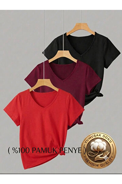 FAVORİST 3 Pieces V-Neck Regular Fit Women's T-Shirt (100% Cotton)